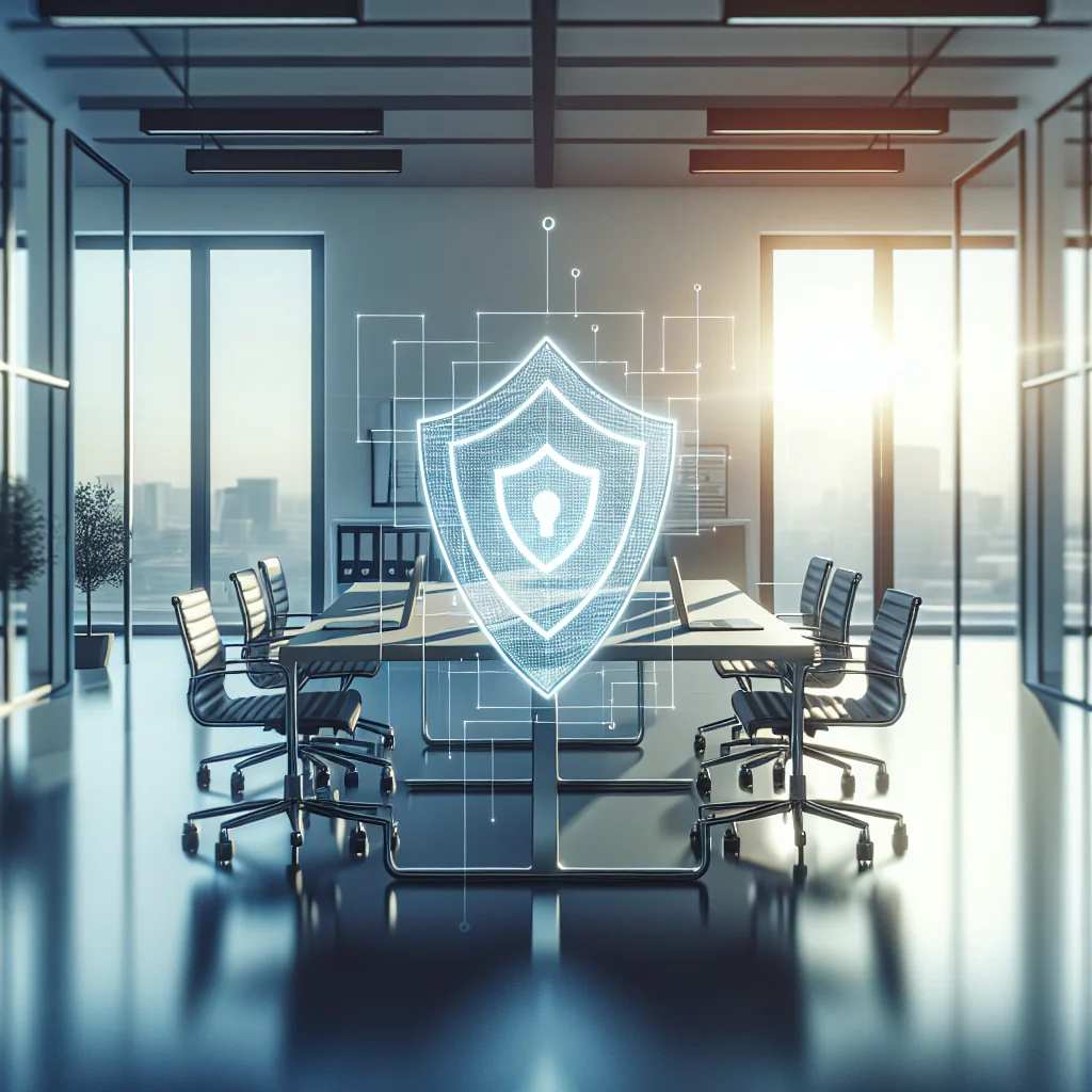 cybersecurity concept, digital shield, antivirus protection illustration, minimalistic, business office background