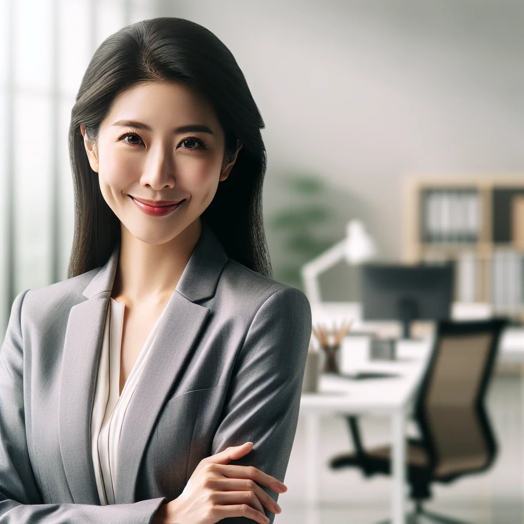 portrait of a satisfied businesswoman, smiling, office background, professional photo