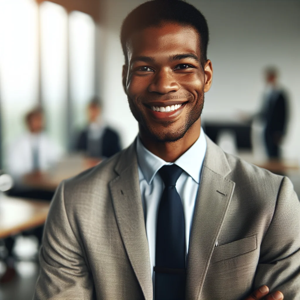 portrait of a confident businessman, smiling, office background, professional photo