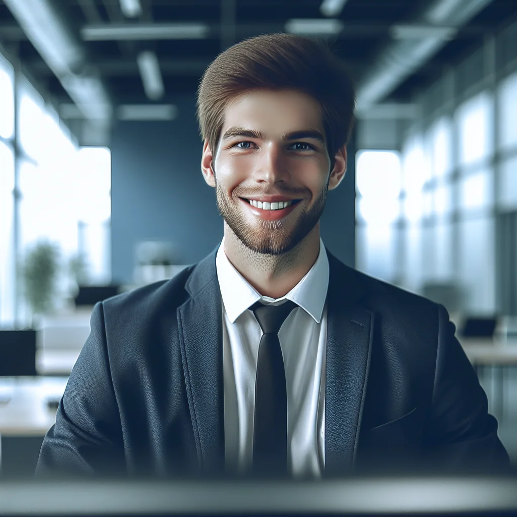 portrait of a happy young man, smiling, office background, professional photo