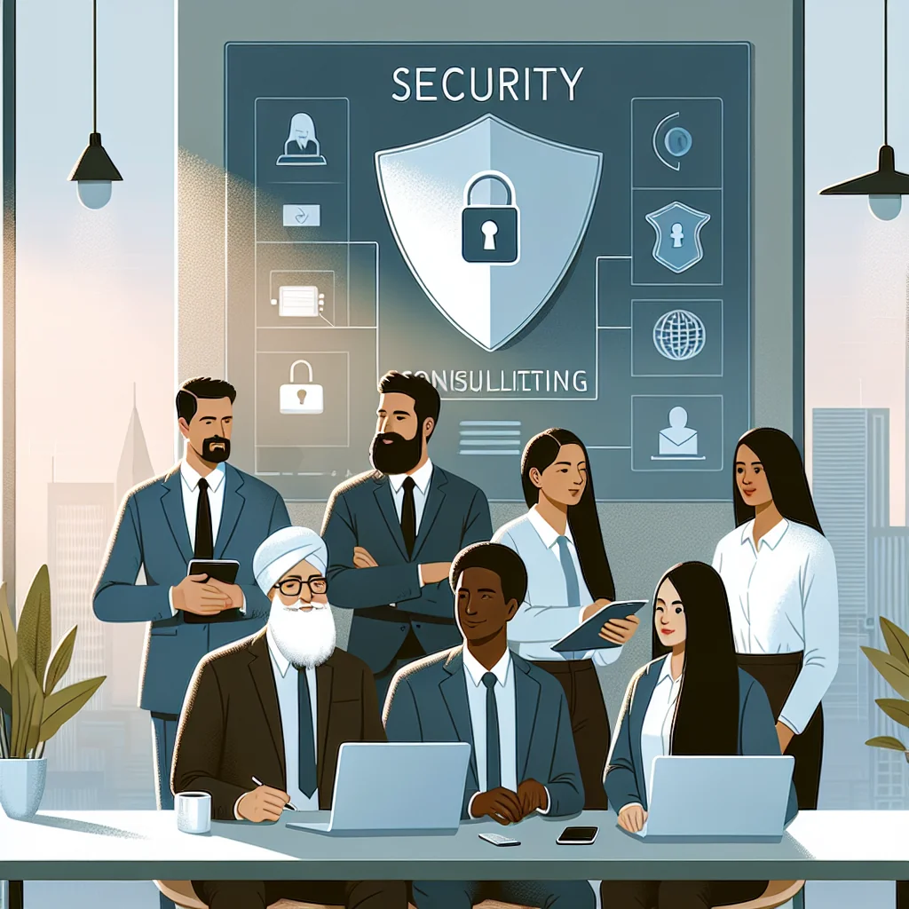security consulting team working, flat illustration, modern